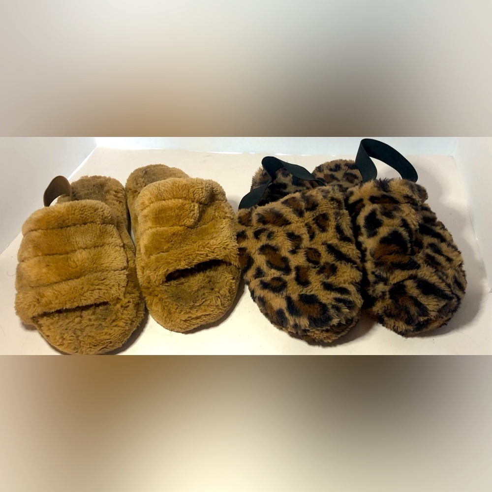 Two For One Slip On Fluffy Slippers 2 Pack. One Animal Print One Brown. Size 10